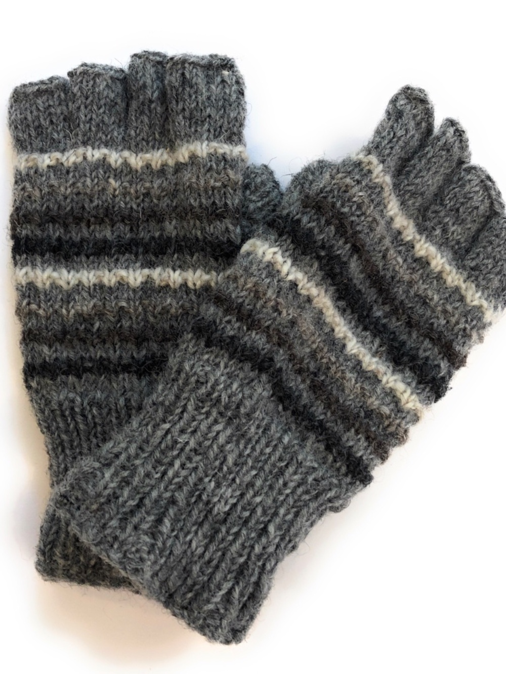 New Wool Fingerless Hand Knit Gloves Fleece Lining Arm Warmer Striped Gray NEW
